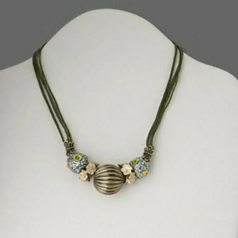 Chunky Fimo Clay Antiqued Brass Olive Green Necklace